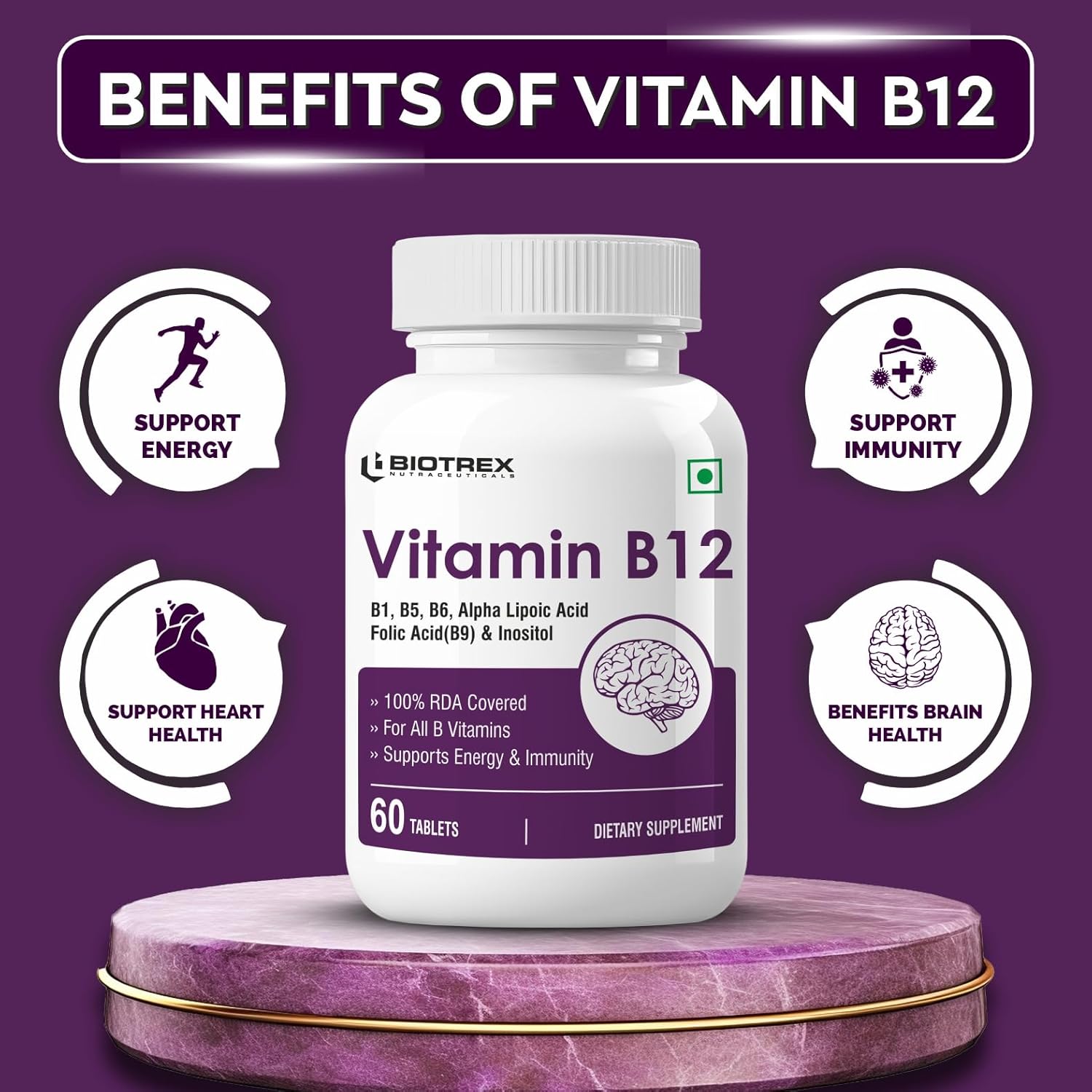 Biotrex Nutraceuticals Vitamin B12 With B1, B5, B6, B9(Folic Acid), Alpha Lipoic Acid ALA & Inositol Supplements | Energy Management | Antioxidant | 60 Tablets