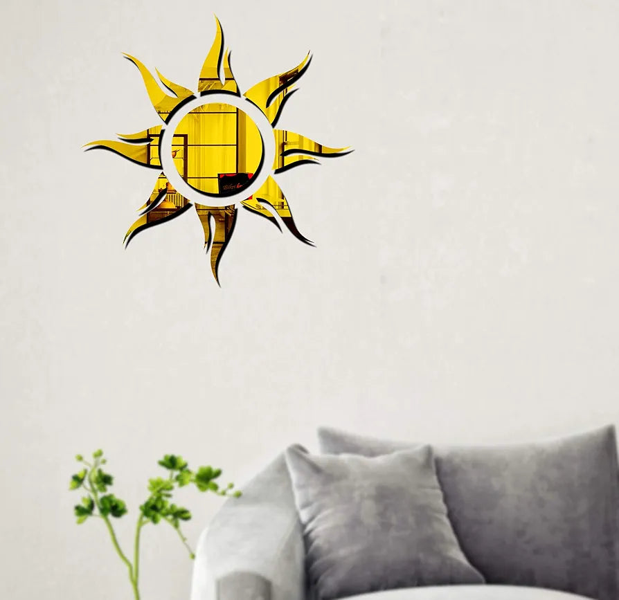 Bikri Kendra Sun Golden Mirror Stickers for Wall, Acrylic Mirror Wall Decor Sticker Model 3