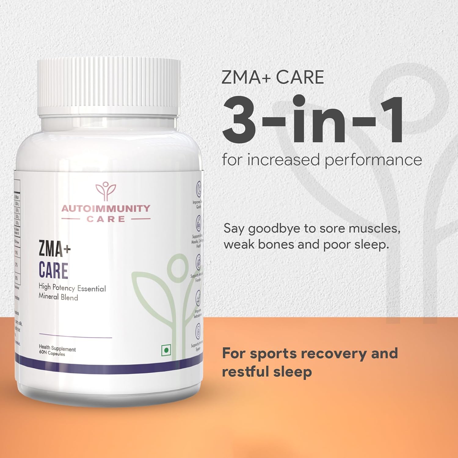 Autoimmunity Care ZMA+ Care | Zinc Magnesium Supplement with Vitamin B6 | Supports Sleep, Muscle Recovery, Brain Health, Immunity & Stress Relief | ZMA Supplement for Men & Women | 60 Caps (30 doses)