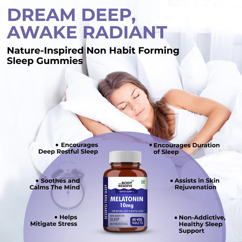 The Body Reserve Melatonin 10mg - 60 Veg Tablets for Sleep Support, Nerve Relaxation, and Stress Relief - Non-Habit Forming for Men & Women