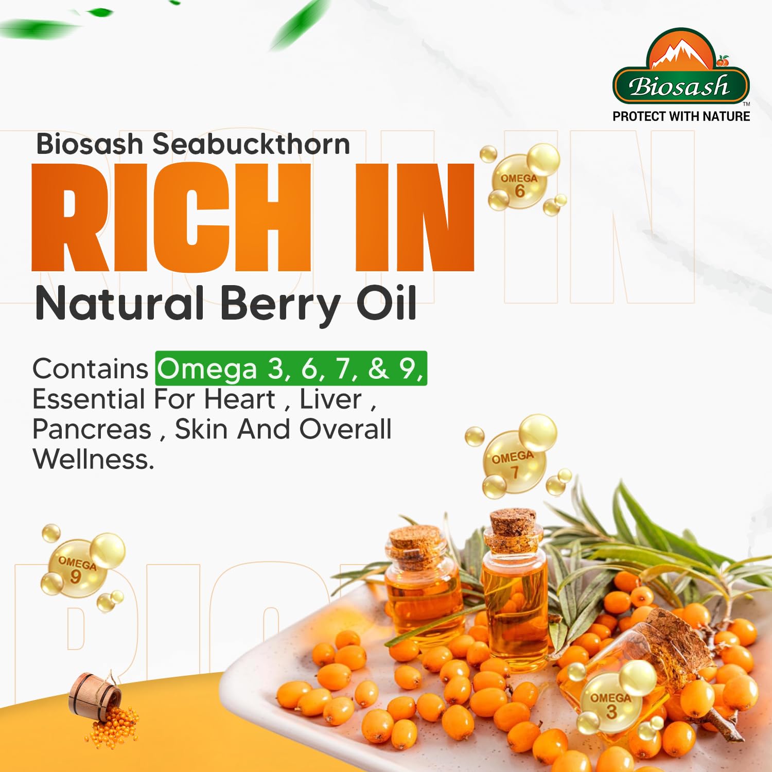 Biosash Sea Buckthorn Seed Oil Capsules 30 Caps | CO2 Extracted from Certified Organic Berries | Omega 3 6 7 9 | Liver Health | Rich in Antioxidants & Vitamins | Skin, Hair, Immunity & Wellness |