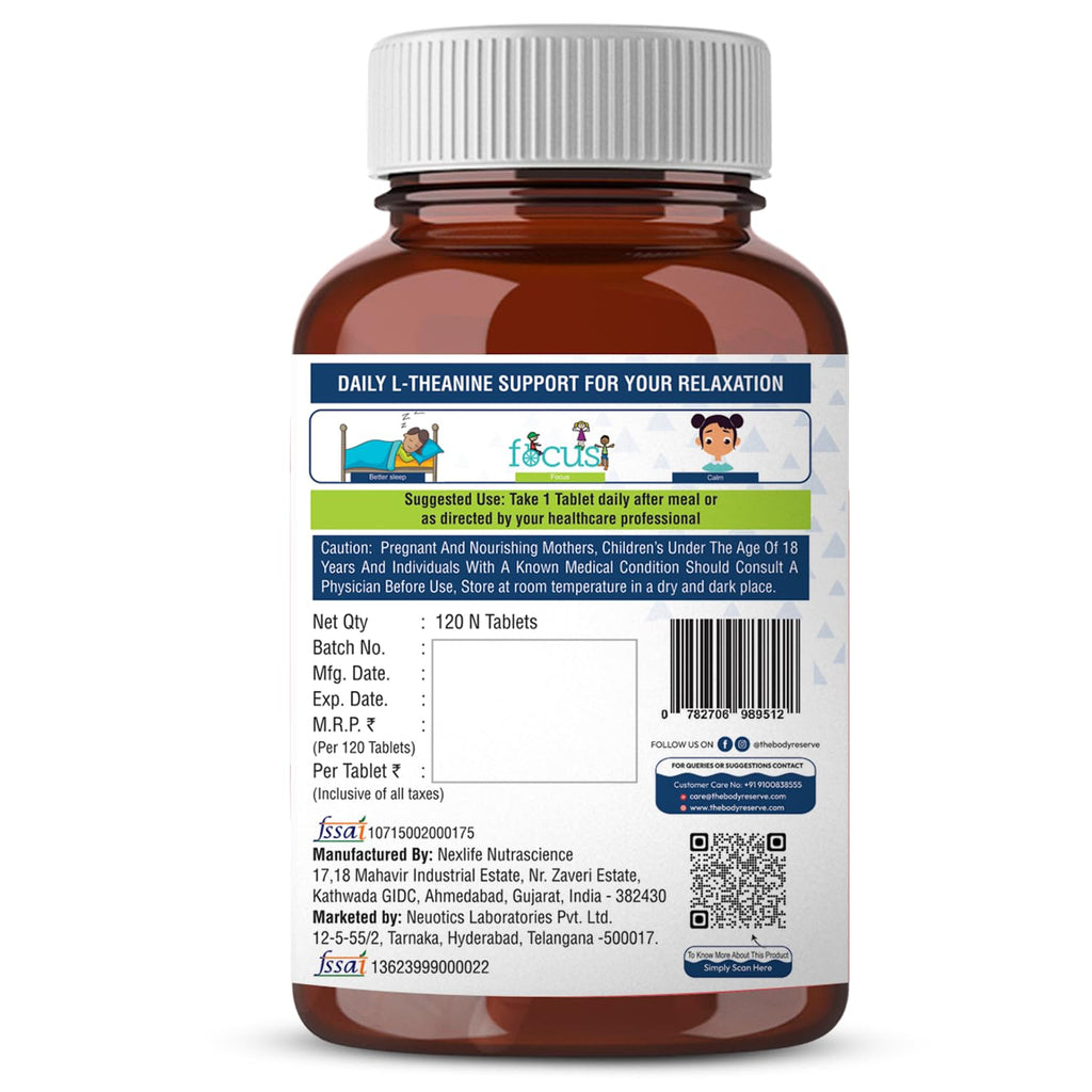 The Body Reserve L-Theanine 200mg 120 Veg Tablets L Theanine Supplements Supports Stress Relief, Reduce Anxiety, Brain Health & Promotes Relaxation