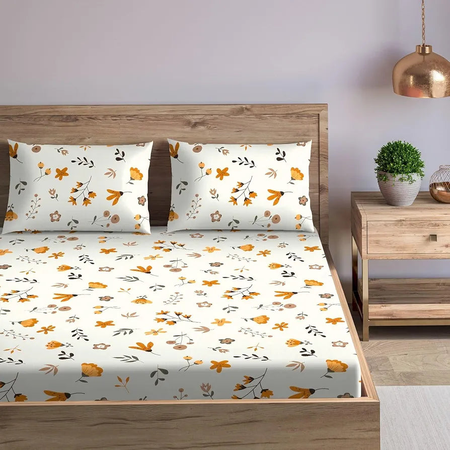 Trance Home Linen 180Tc 100% Cotton 75"X60" Double Bed Size Elastic Fitted Bedsheet With 2 Pillow Covers 200 tc  Colour Soloce Peach
