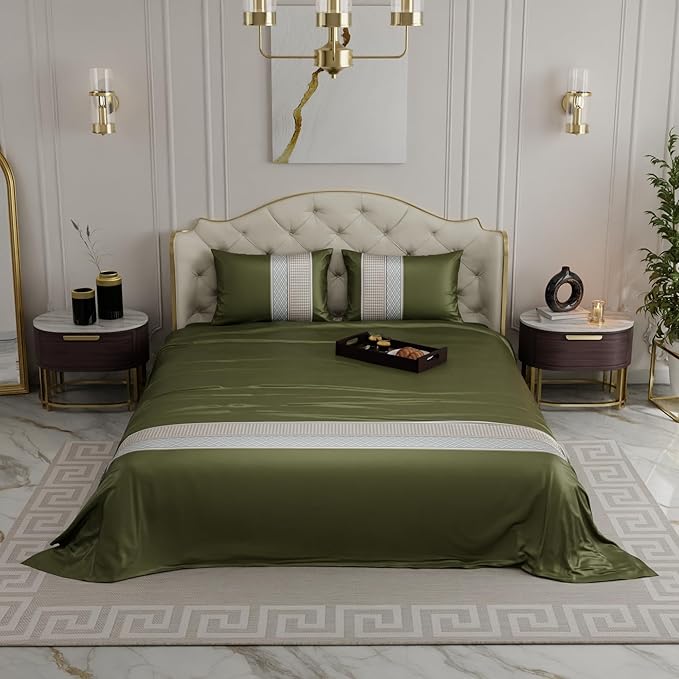 Stoa Paris Bedsheets For Double Size Bed, Satin 300 Threadcount Bedsheet Set Colour Palace Gardens-Olive