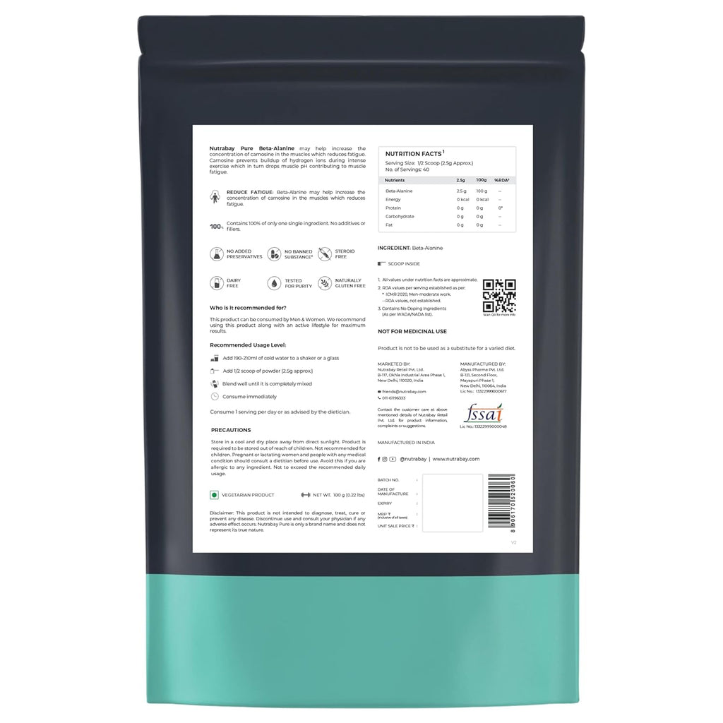 Nutrabay Pure 100% Beta Alanine Powder 2500mg, Pre Workout Amino Acid Supplement for Improved Endurance & Fatigue Reduction | Free from Steroids, Preservatives & Banned Substances - 100g, Unflavoured