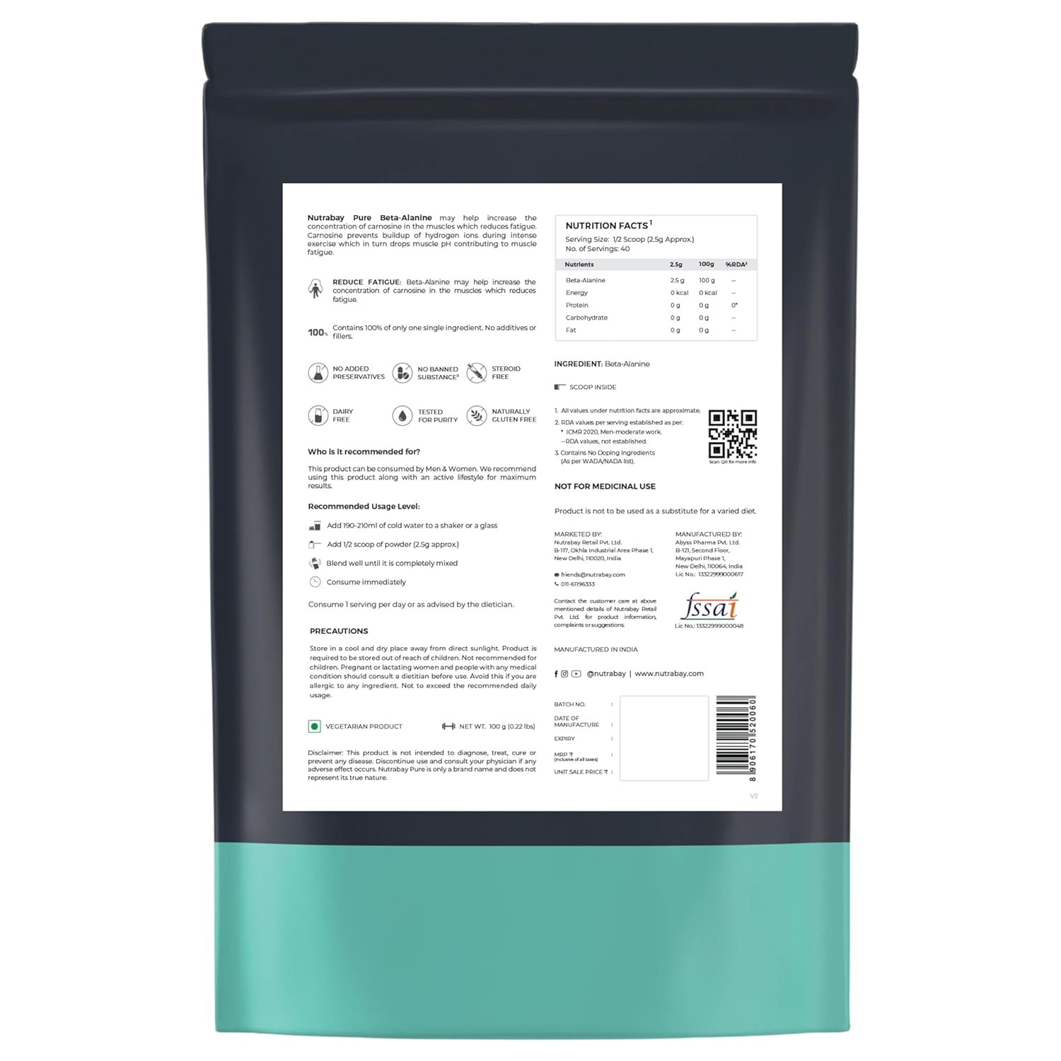 Nutrabay Pure 100% Beta Alanine Powder 2500mg, Pre Workout Amino Acid Supplement for Improved Endurance & Fatigue Reduction | Free from Steroids, Preservatives & Banned Substances - 100g, Unflavoured