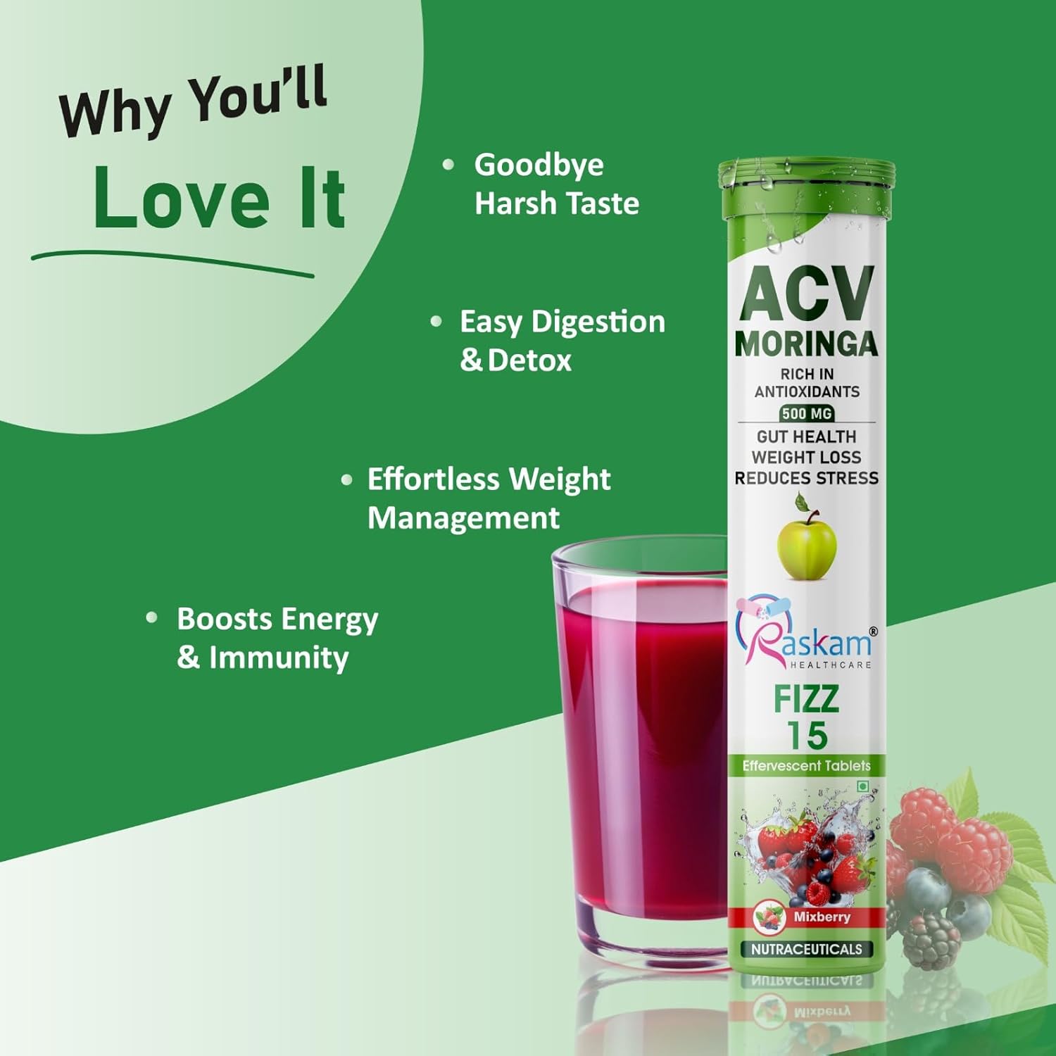 ACV Moringa Effervescent Tablets | Fizz 15 Tablets in Mixberries Flavour | Natural Energy & Immunity Booster with Antioxidants to Control Cravings | 500mg (Pack of 1)