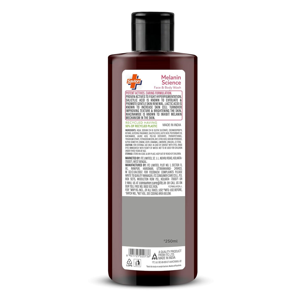 Savlon Melanin Science Face & Body Wash 250ml | With 1% Salicylic Acid + 1% Lactic Acid + 0.5% Niacinamide | Fights Hyperpigmentation | Helps Renew Dull Skin in 7 Days | Dermatologically Tested