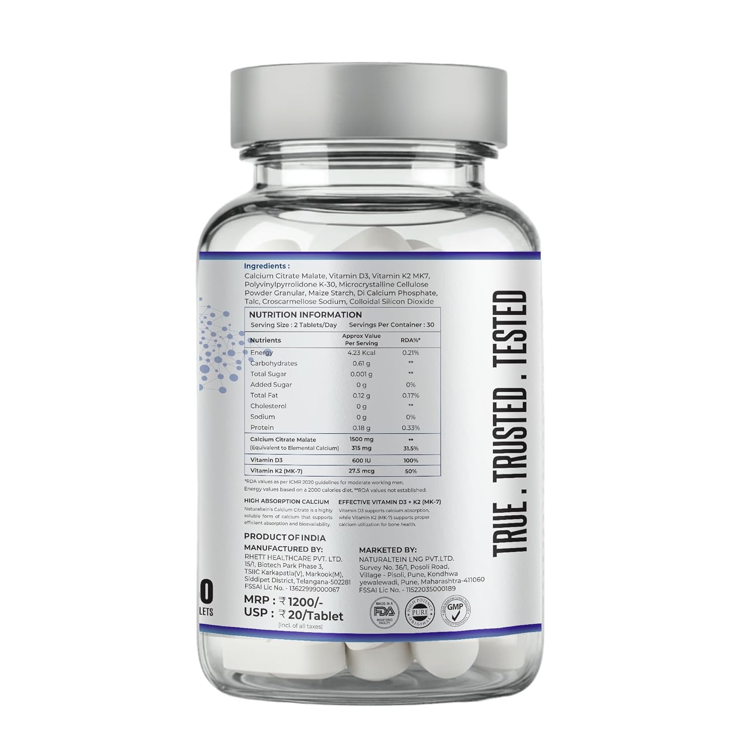 NATURALTEIN Calcium Citrate with Vitamin D3 & K2 MK-7 | High Absorption Bone & Joint Support | Helps Calcium Utilization, Muscle Strength & Immunity | Vegan, Non-GMO | 30 Tablets