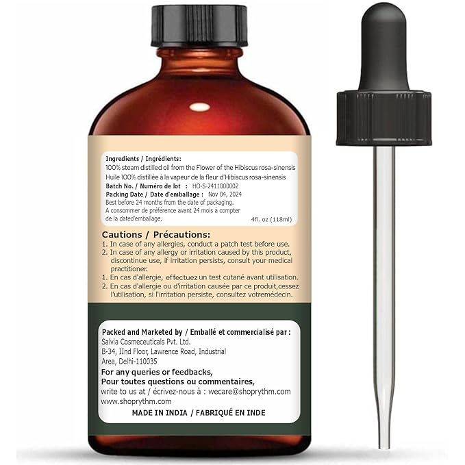 Organic Zing Hibiscus (Rosa Sinensis) Oil | Essential Oil for Skincare, Hair Care & Massage - 30 Ml