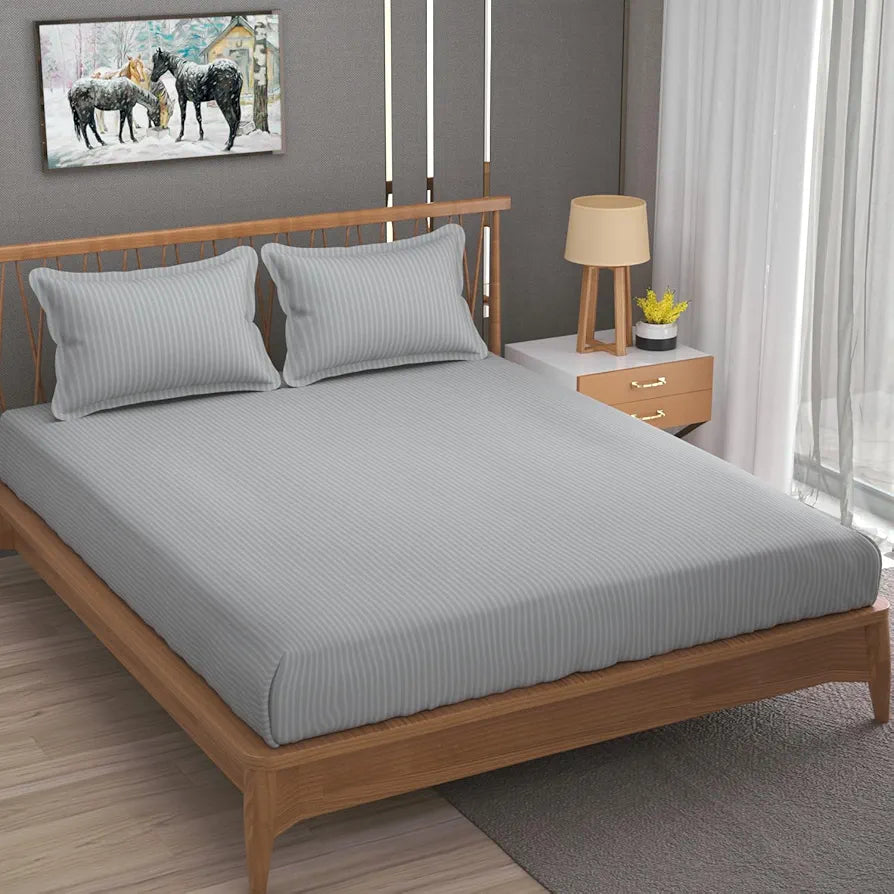Homefab India 160 TC Stripe Cotton Feel Glace Cotton Elastic Fitted King Size Double Bed Bedsheet with 2 Pillow Covers Fits Upto 6 inches Mattress Silver