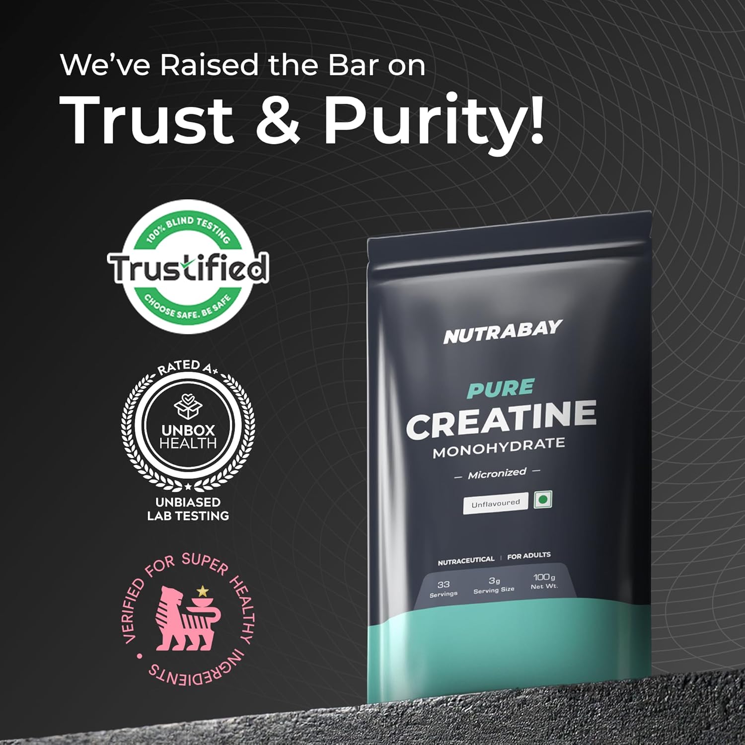 Nutrabay Pure Micronised Creatine Monohydrate Powder 3000 mg/Serving â€“ Pre/Post Workout Supplement for Muscle Gain & Recovery |33 Servings â€“ 100g, Unflavoured | Trustified Certified | 100% Authentic