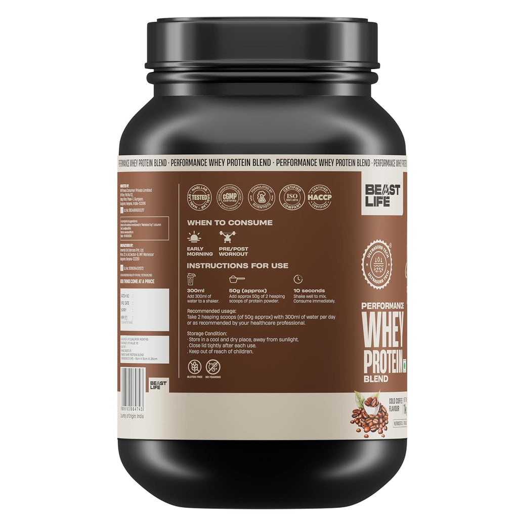 BeastLife Performance Whey Protein Blend | 34g Protein | 5.7g BCAA | 1Kg | Cold Coffee | Muscle Growth & Recovery | Easy to Digest with Ultrasorb Tech | Smooth & Easy to Mix | Contains Whey Protein Concentrate & Yeast Protein