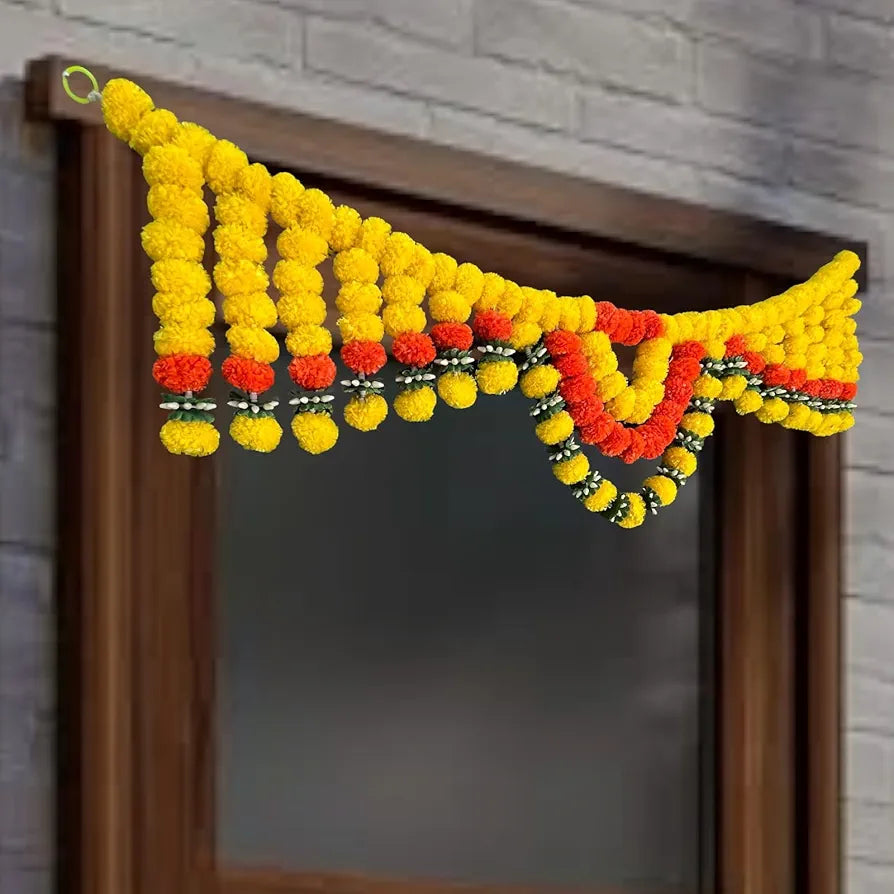 Handcrafted Decorative Bandanwar with Laddu-Shape Marigold Flowers Chakri Mogra & Daisy Leaves 40x10 Inches