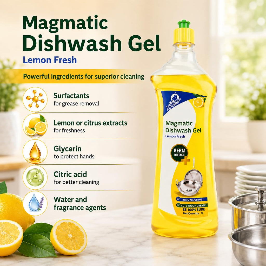 Magmatic Dishwash Liquid Gel | Lemon Fresh – Tough Grease & Oil Remover | Germ Protection Formula | Kitchen Utensil Cleaner | 1L