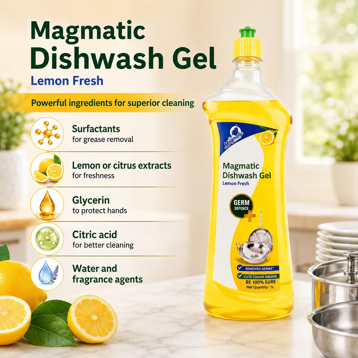 Magmatic Dishwash Liquid Gel | Lemon Fresh – Tough Grease & Oil Remover | Germ Protection Formula | Kitchen Utensil Cleaner | 1L