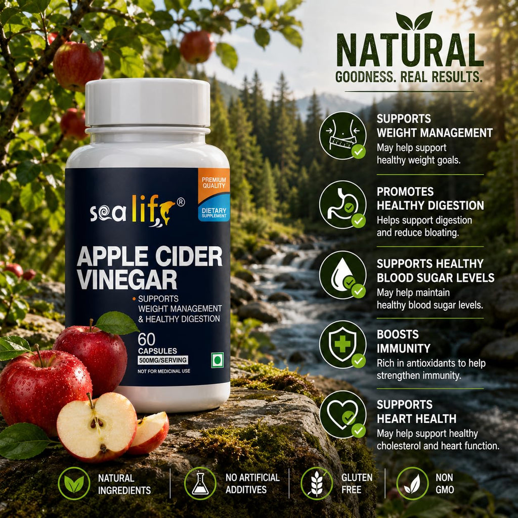 Sea Life Apple Cider Vinegar 500mg Capsules for Weight Loss Management (60 Veg Capsules),Boost Energy | Supports managing blood sugar levels | Improves Cholesterol Levels.
