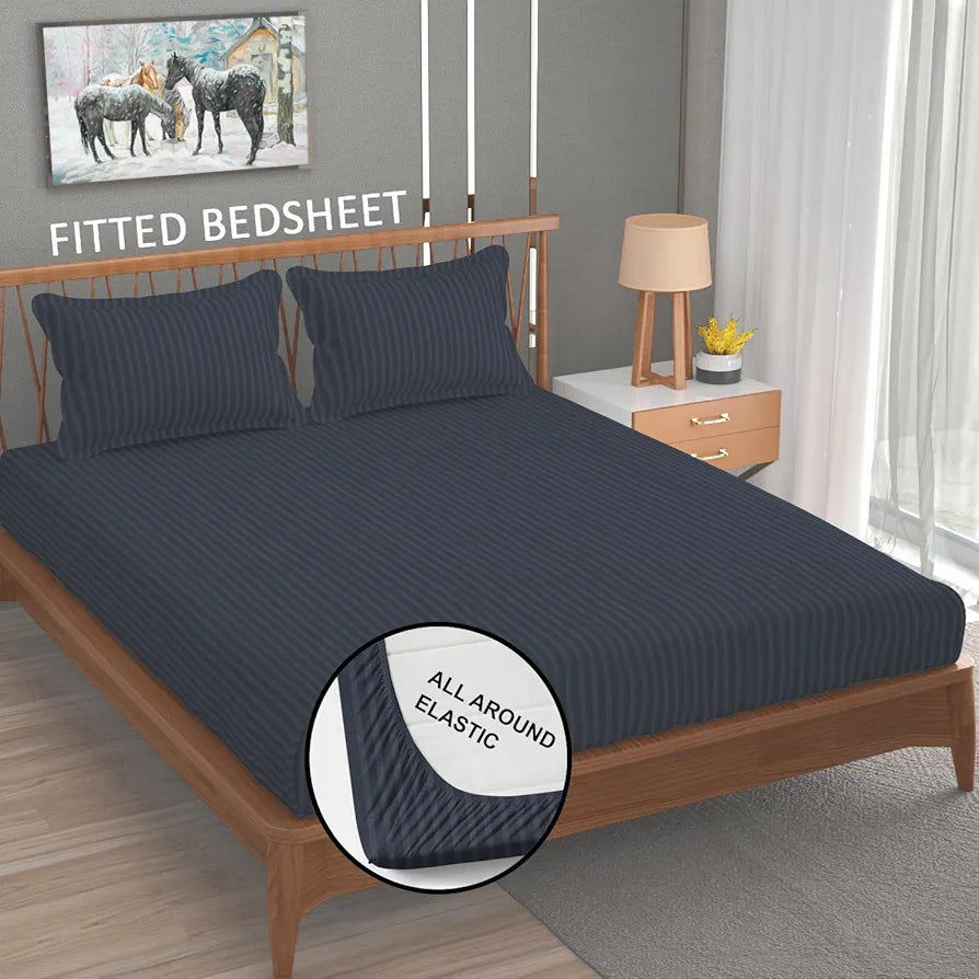 Homefab India 160 TC Stripe Cotton Feel Glace Cotton Elastic Fitted King Size Double Bed Bedsheet with 2 Pillow Covers Fits Upto 6 inches Mattress Grey