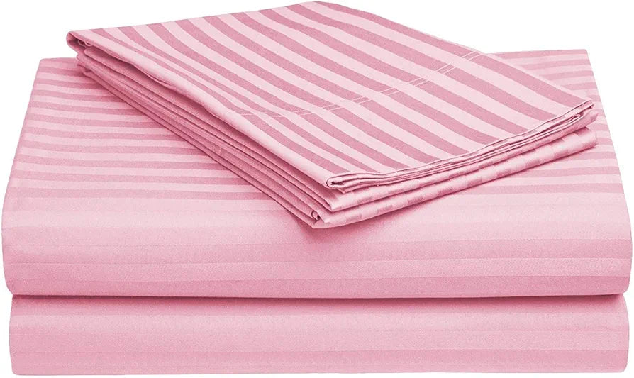 Purav Light Microfiber Flat Double Bed Bedsheet Plain Striped Cotton Bedsheet with 2 Pillow Covers for King Size Bed Supersoft 340 TC Breathable Pink Color