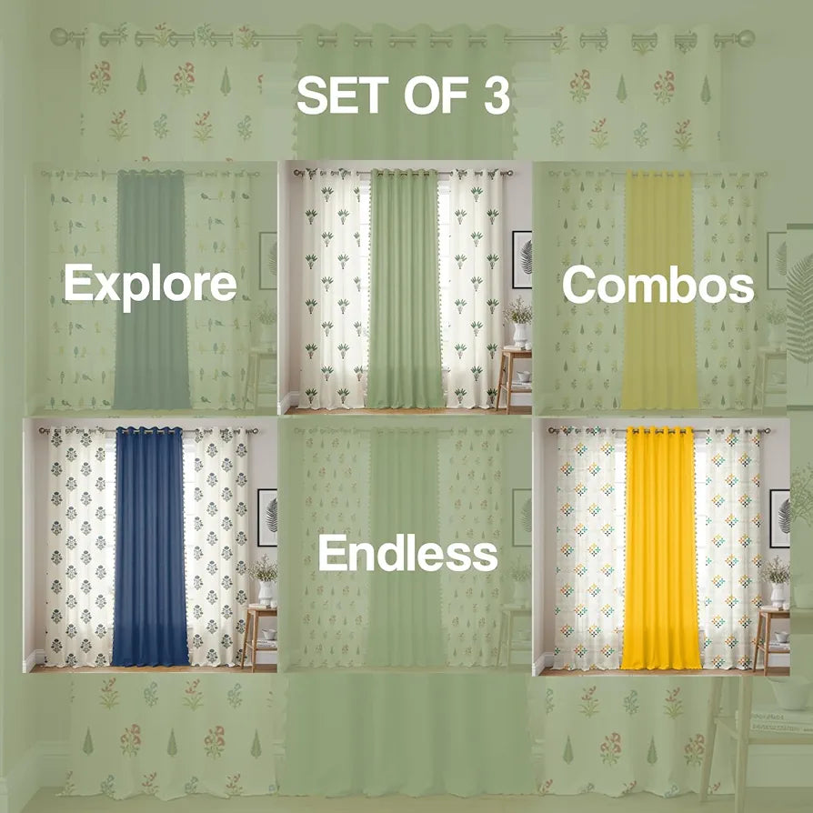Urban Space Floral Cotton Curtains For Door, Combo Set Of 3 Room Darkening Curtains Tieback & Eyelets High Garden Red & Aura Green