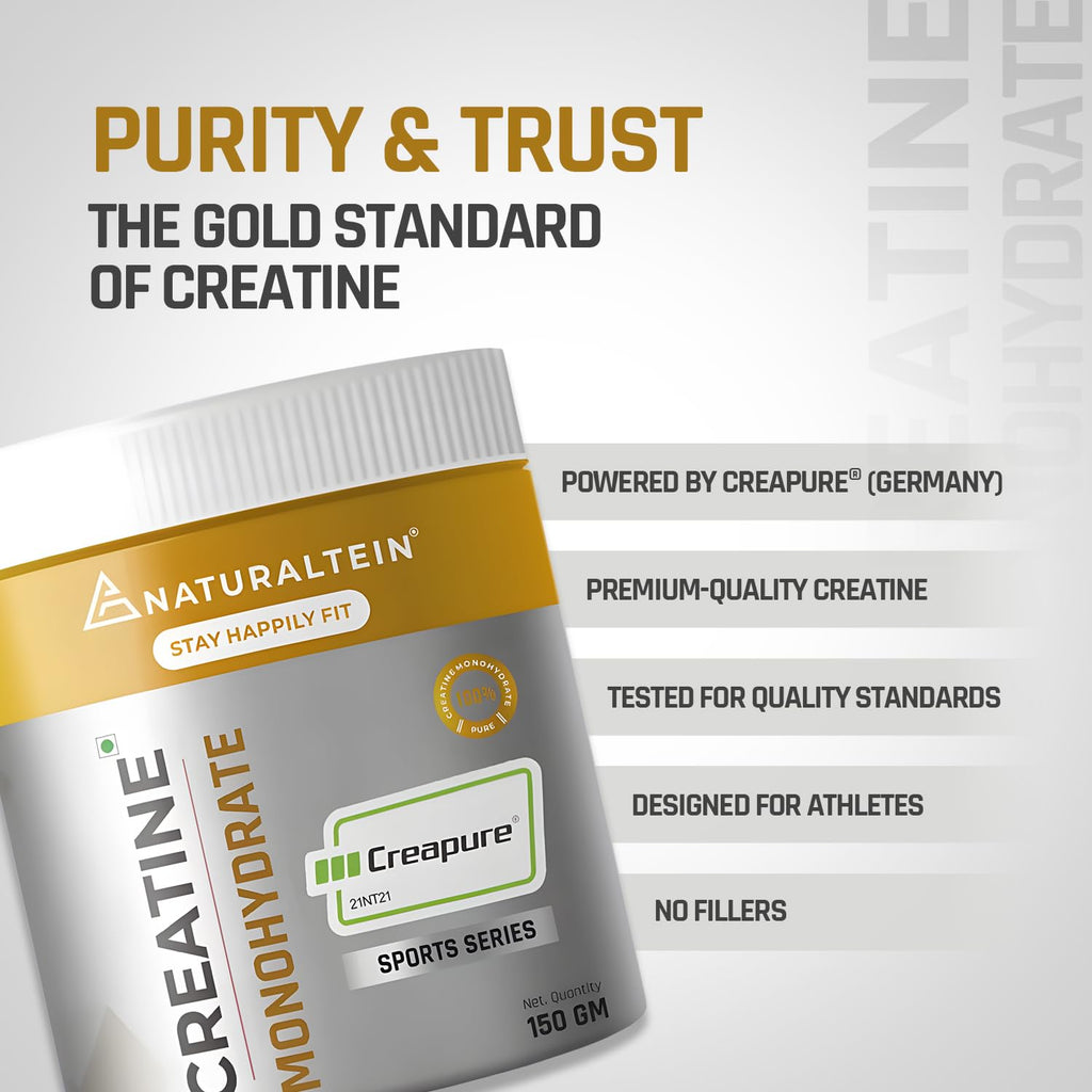 NATURALTEIN Creatine Monohydrate (CreapureÂ®) â€“ 150 g | Increases Strength, Muscle Size & Endurance | Unflavoured, Vegan & Pure Micronized Creatine | Fast Recovery & Enhanced Performance
