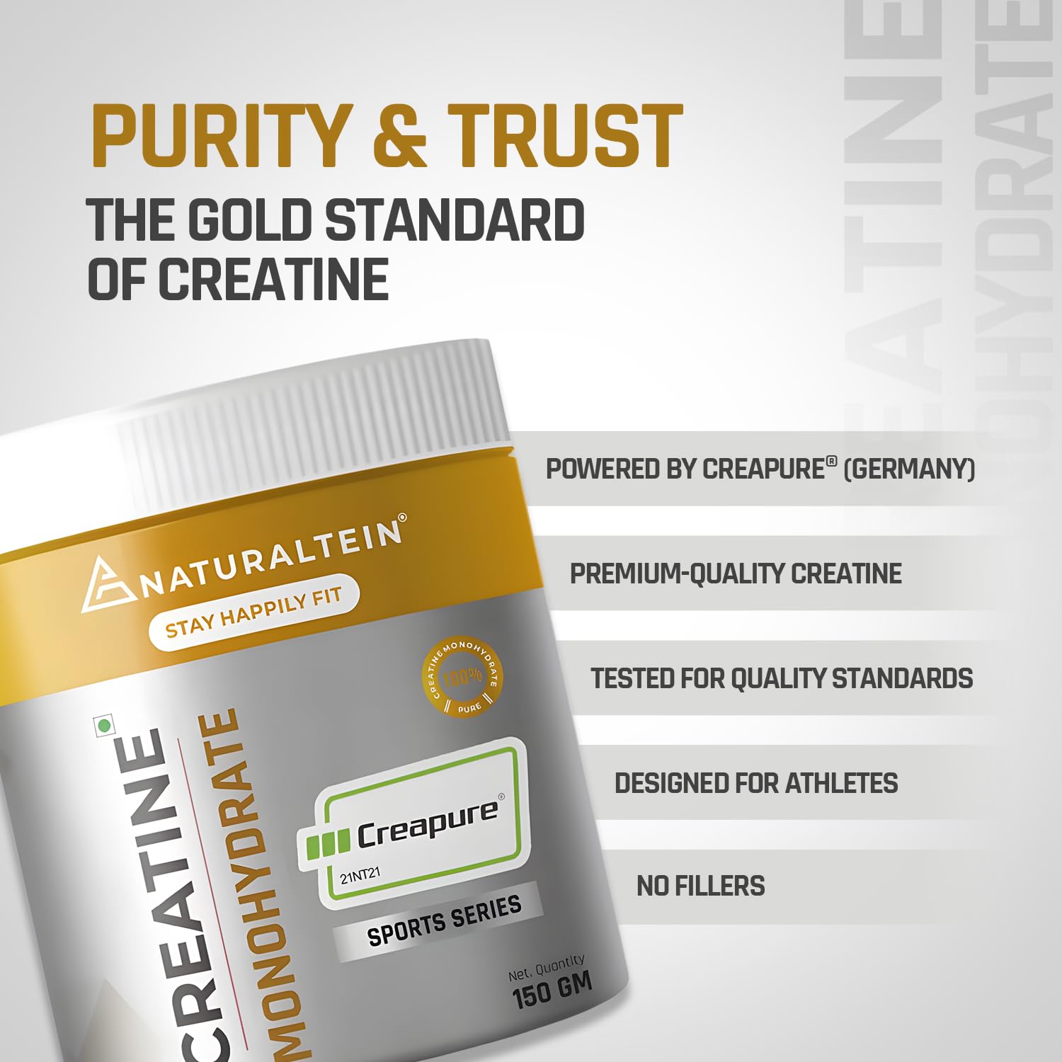 NATURALTEIN Creatine Monohydrate (CreapureÂ®) â€“ 150 g | Increases Strength, Muscle Size & Endurance | Unflavoured, Vegan & Pure Micronized Creatine | Fast Recovery & Enhanced Performance