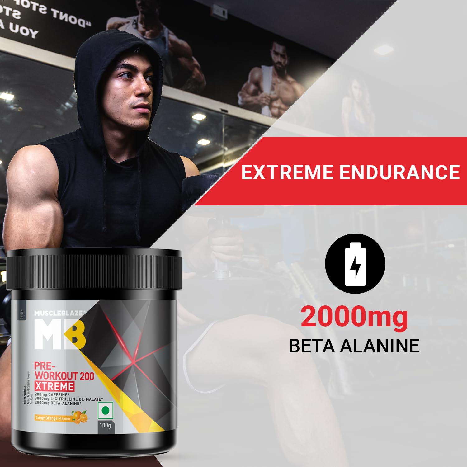 MuscleBlaze Pre Workout 200 Xtreme (Tangy Orange, 15 Servings, 100g) | 200mg Caffeine, 200mg Theanine, 2000mg Beta Alanine, 3000mg Citrulline