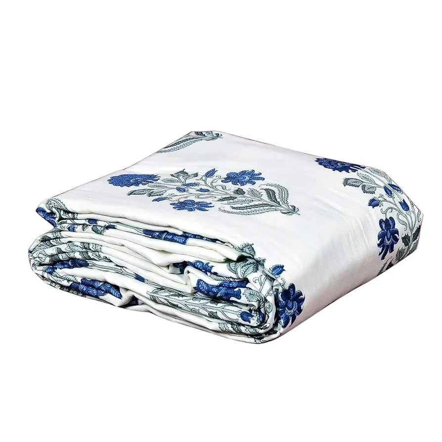 Trance Home Linen 100% Cotton Reversible Dohar Single Bed Size Jaipuri Printed Artisan Block Design Blanket 56"X88" Colour Aangan Blue White