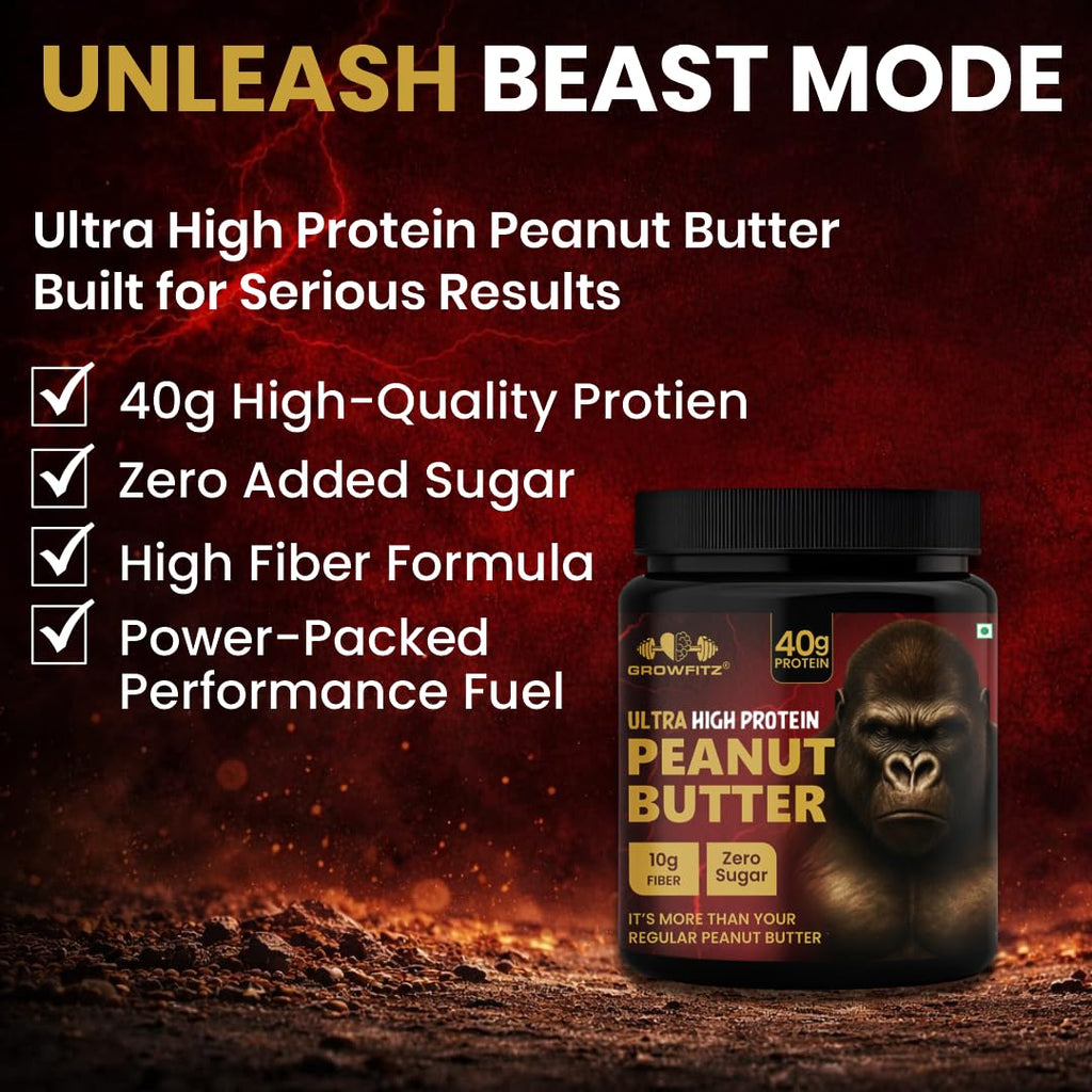 Growfitz ULTRA HIGH PROTEIN Peanut Butter 800g | Smooth & Unsweetened | 40g Protein in Serving | High Fiber | No Added Sugar | 100% Roasted Peanuts
