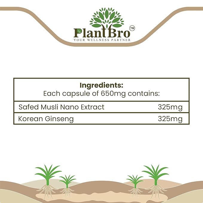 PlantBro Muslivia, Nano Safed Musli Blended With Korean Gensing - 60 Capsules