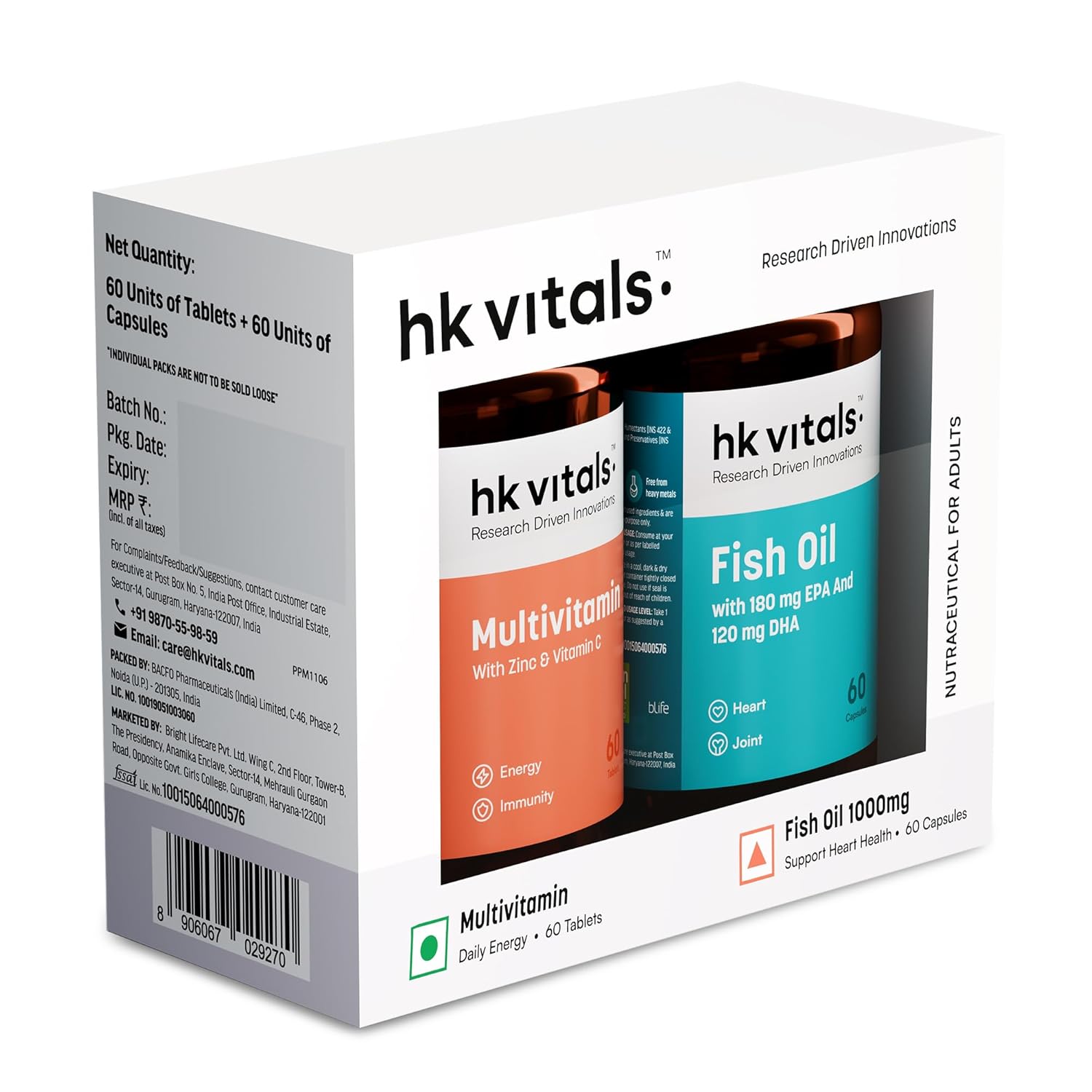 Hk vitals Fish Oil and Multivitamin (60 Tablets Each) Combo Pack | 1000mg Omega 3 with 180mg EPA & 120mg DHA | Enhances Energy, Immunity & Joints Health
