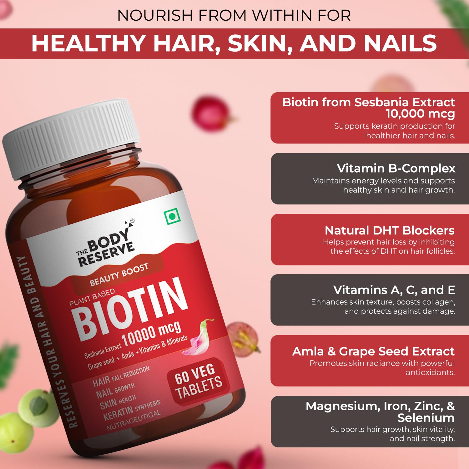 The Body Reserve Plant-Based Biotin Tablets - 60 Veg Tablets, Biotin from Sesbania Extract with Amla & Grapeseed - Supports Hair, Skin, and Nails - For Men & Women