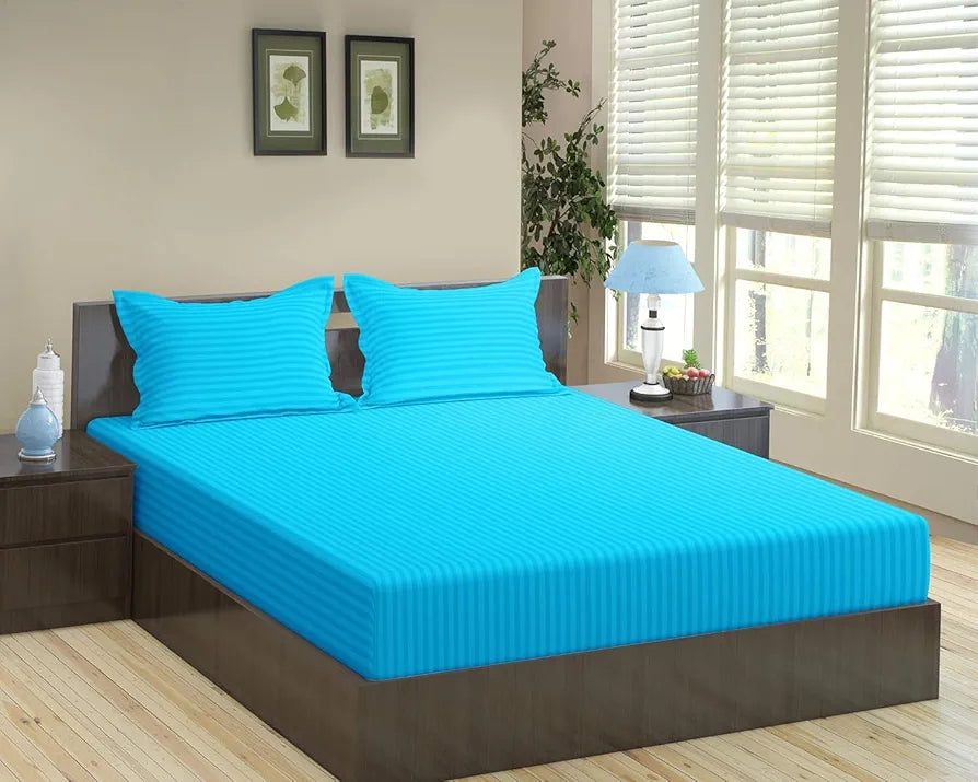 Trance Home Linen 100% Cotton 78x60 inch Queen Fitted 200TC Satin Stripe Elastic Fitted Bedsheet with 2 Pillow Covers Colour Aqua Torquoise Blue