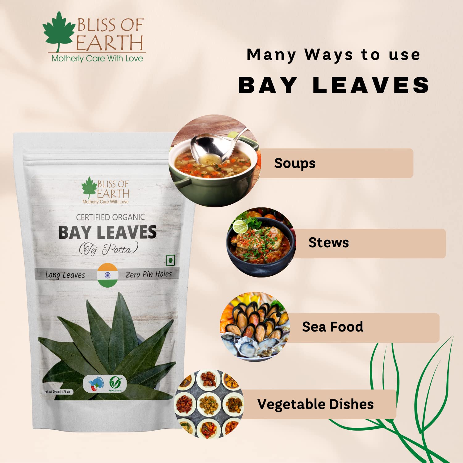 Bliss of Earth Certified Organic Indian Bay Leaves With Zero Pin Holes & Zero Dust, A1 Grade Tej Patta With Uniform Green Color, 50gm