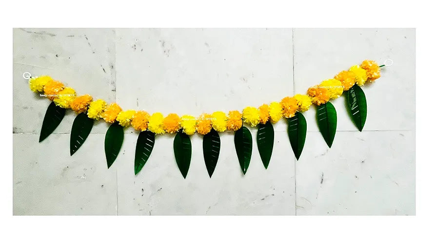 Artificial Marigold &Mango Leaves Simple Door-Window Toran Yellow and Light Orange