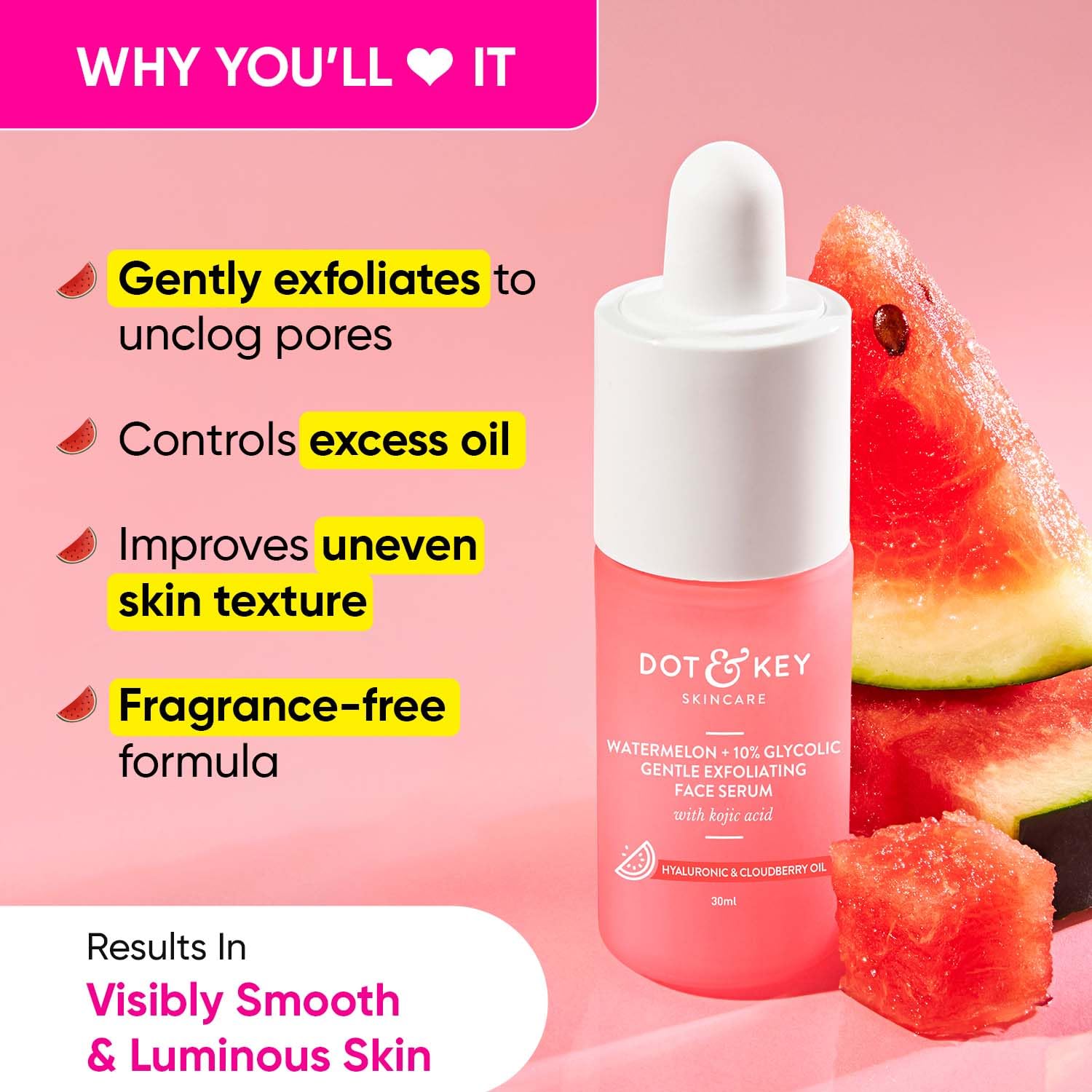 Dot & Key Watermelon 10% Glycolic Serum for Face Glowing, With KojicI | Targets Pigmentation & Dark Spots | Targets Dullness, Uneven Texture, Sebum & Excess Oil | Serum For Oily & Normal Skin | 30ml