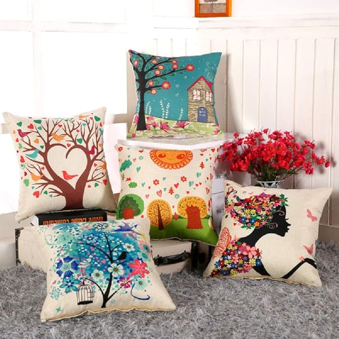 Aerohaven Set of 5 Abstract Decorative Hand Made Jute Throw Pillow Cushion Covers Multicolor