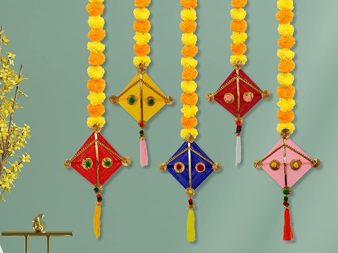 Handmade Artificial Marigold Fluffy Flowers Colorful Woolen Kite Bells Hanging 44 Inches Height Approx Pack of 5