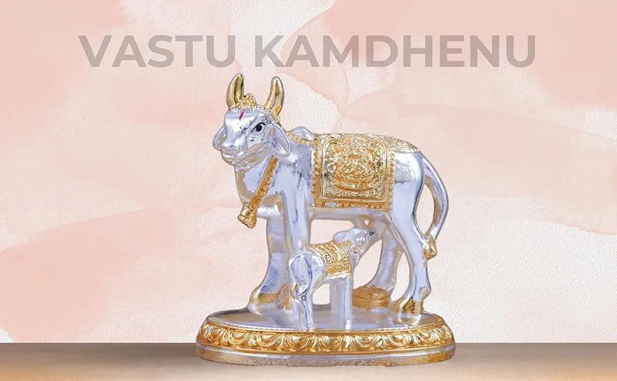 Gold Art India Kamdhenu Cow with Calf Idol Gold Silver Plated 3.3" Inch Silver