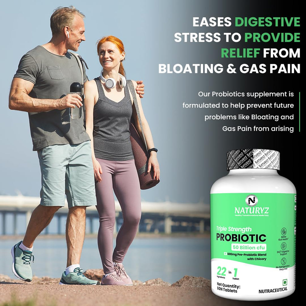 NATURYZ Triple Strength Probiotic 50 Billion CFU with Pre-Probiotic 600mg | Chicory Root | 22 Nutrients for Gut Health | Supports Digestion, Constipation, Gas & Bloating | No Refrigeration | 60 Tablets