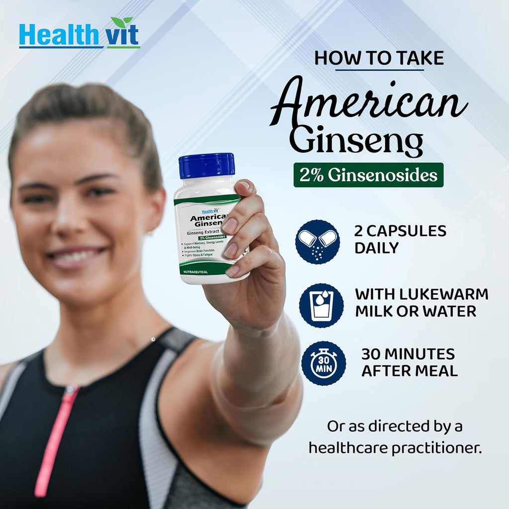 Healthvit American Ginseng 400mg (2% Ginsenosides) | Supports Brain Function, Boosts Immunity, Energy & Memory | Vegan & Gluten Free | 60 Capsules