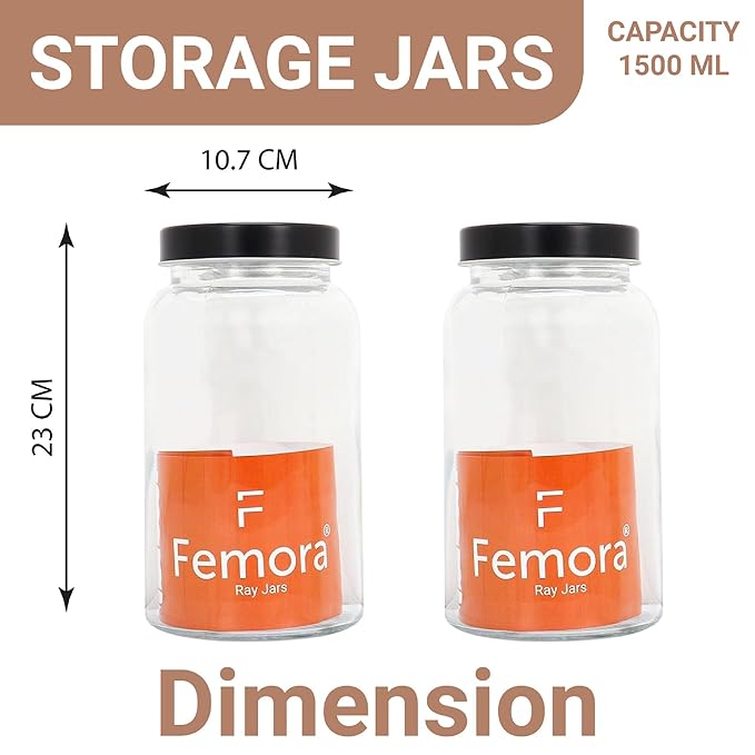 Femora Kitchen Storage Jars Clear Glass Jar With Steel Lid Air Tight Jar | 1000 Ml | Pack of 6 | Black Lid