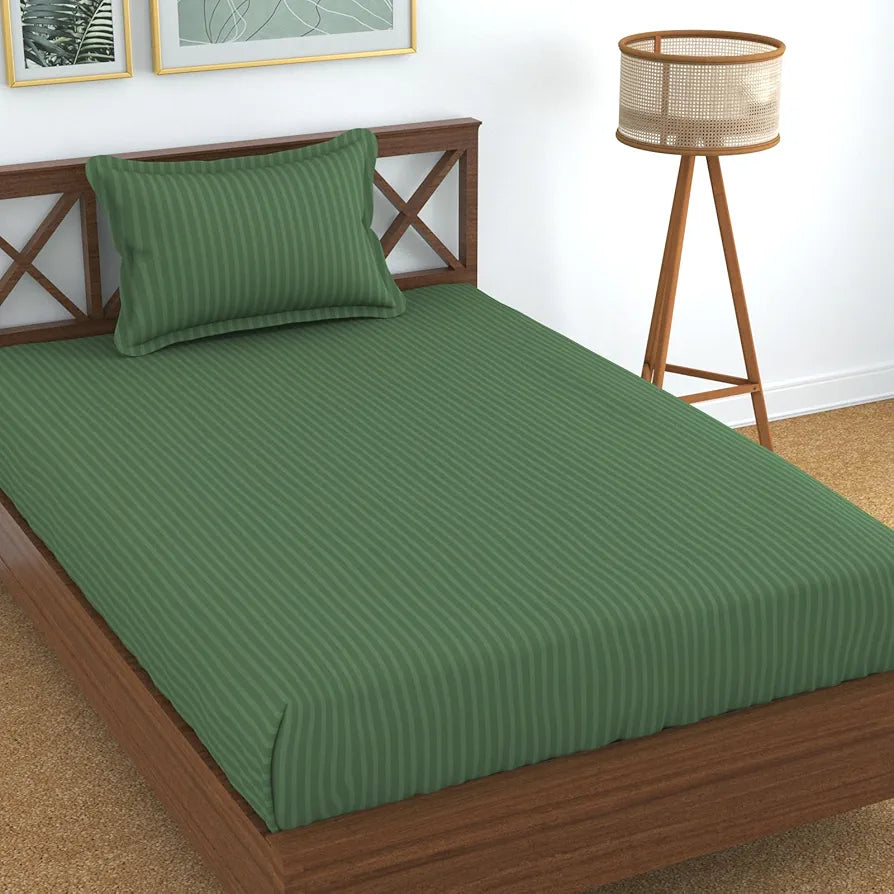 Homefab India 160 TC Stripe Glace Cotton Single BedSheet with 1 Pillow Cover Dark Green