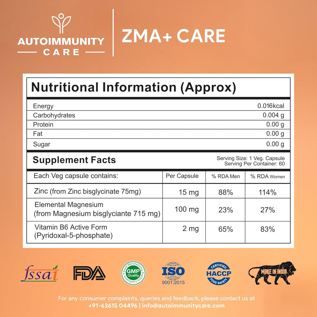 Autoimmunity Care ZMA+ Care | Zinc Magnesium Supplement with Vitamin B6 | Supports Sleep, Muscle Recovery, Brain Health, Immunity & Stress Relief | ZMA Supplement for Men & Women | 60 Caps (30 doses)