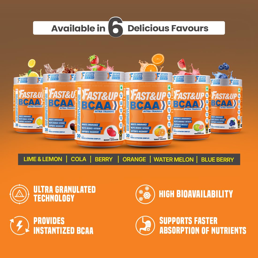 FAST&UP BCAA Orange Flavour Advanced BCAA Supplement with Glutamine, Citrulline, L-Arginine & Taurine - Pre/Post Workout & Intra Workout Supplement Powder for Adults(450gm, 30 Servings)