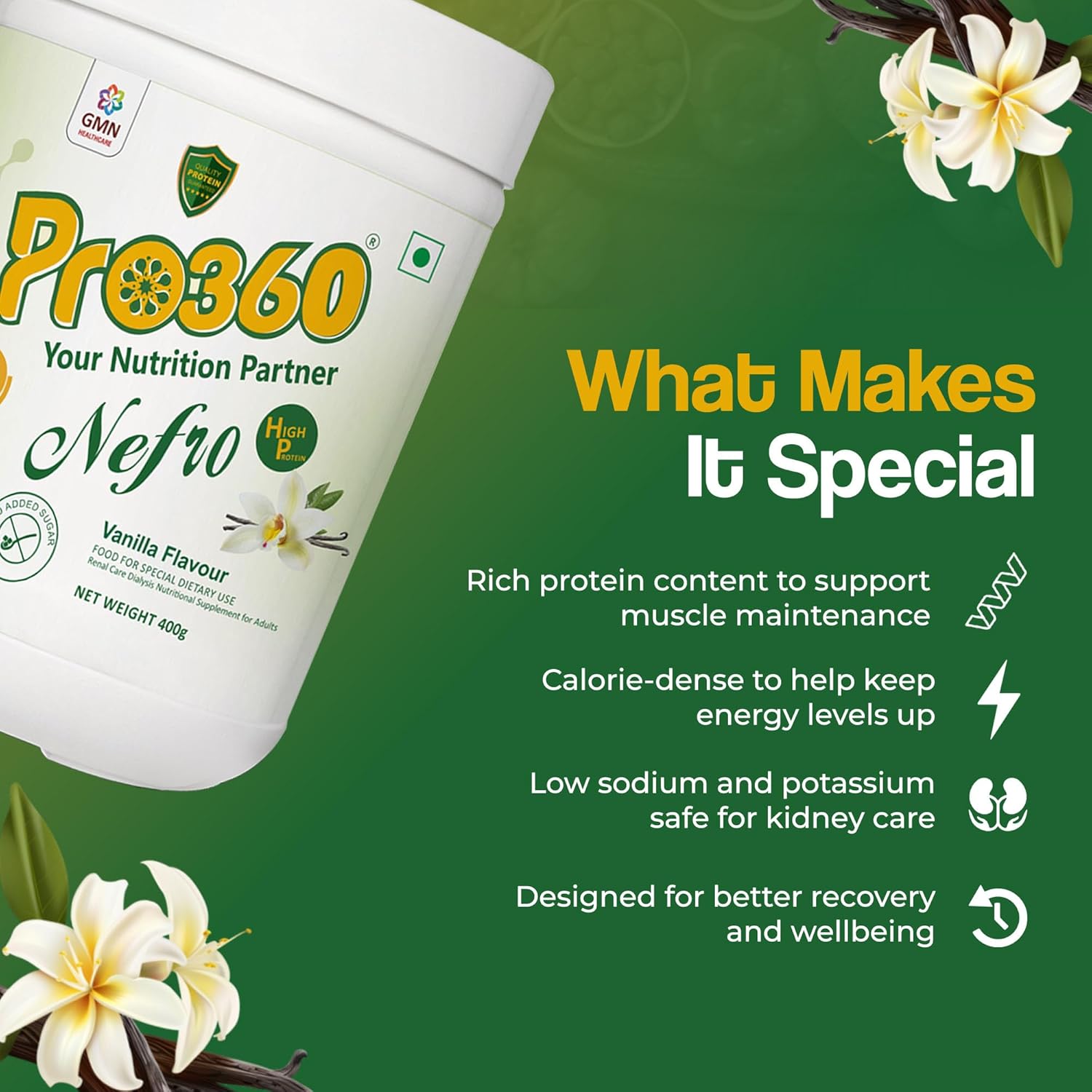 Pro360 Nefro HP Powder â€“ Vanilla Flavour, 400g â€“ High Protein Dialysis Care Nutritional Supplement for Renal Support â€“ Vanilla Protein Powder with L-Taurine, L-Carnitine & Essential Nutrients