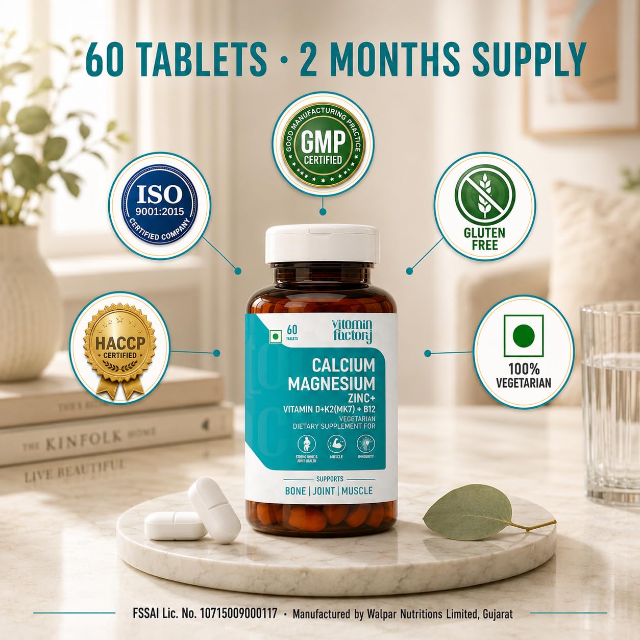 The Vitamin Factory Vitamin Factory Calcium Magnesium Zinc Tablets D3 K2 B12 | 60 Veg Tabs | 1000mg Calcium Citrate, gentle on stomach; bone, joint & muscle support for women & men; vegetarian, D3 K2 B12
