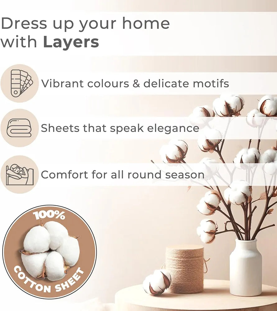 Layers Tivoli Cotton Bedsheet Set for All Seasons Lightweight 104 TC Queen Size Beige/Blue Color
