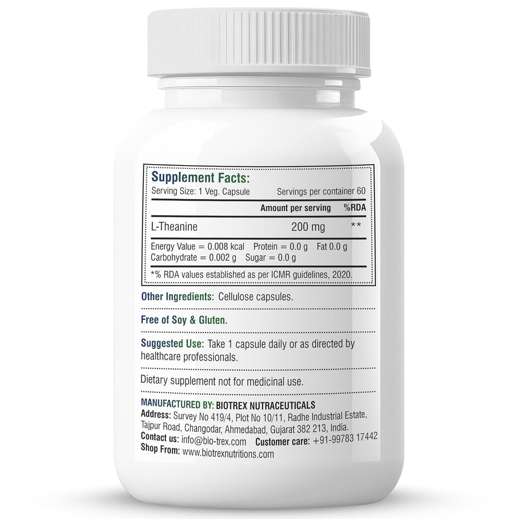 Biotrex Nutraceuticals L-Theanine 200mg Double Strength, Non-Drowsy Support | Helps Cognitive Health & Relaxation - 60 Veg Capsules