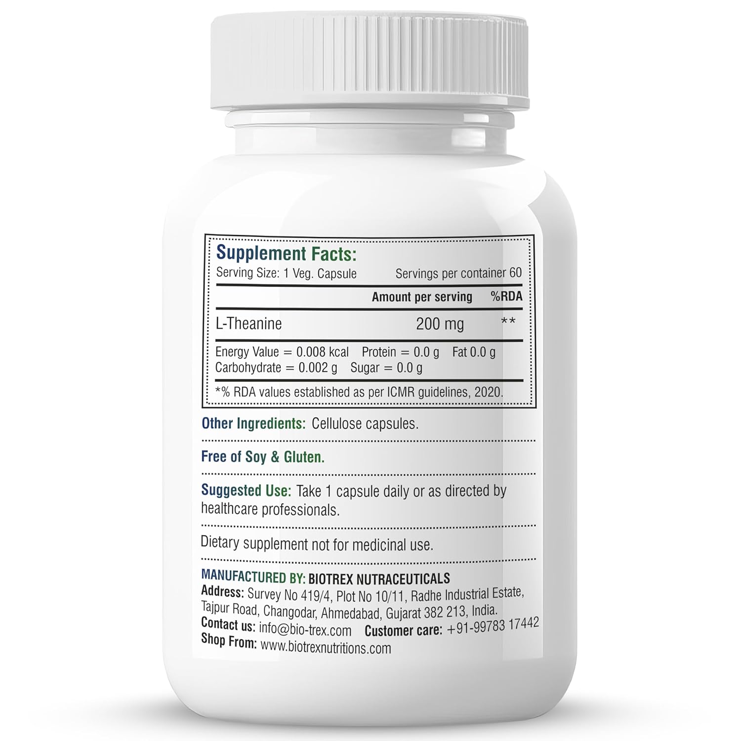 Biotrex Nutraceuticals L-Theanine 200mg Double Strength, Non-Drowsy Support | Helps Cognitive Health & Relaxation - 60 Veg Capsules